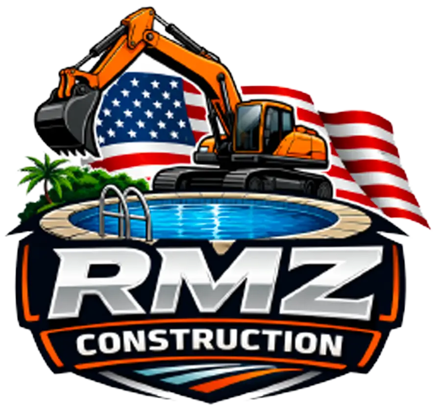 A logo featuring an orange excavator, an American flag, and a swimming pool with the text RMZ Construction below. Palm trees are beside the pool, creating a construction and landscaping theme.